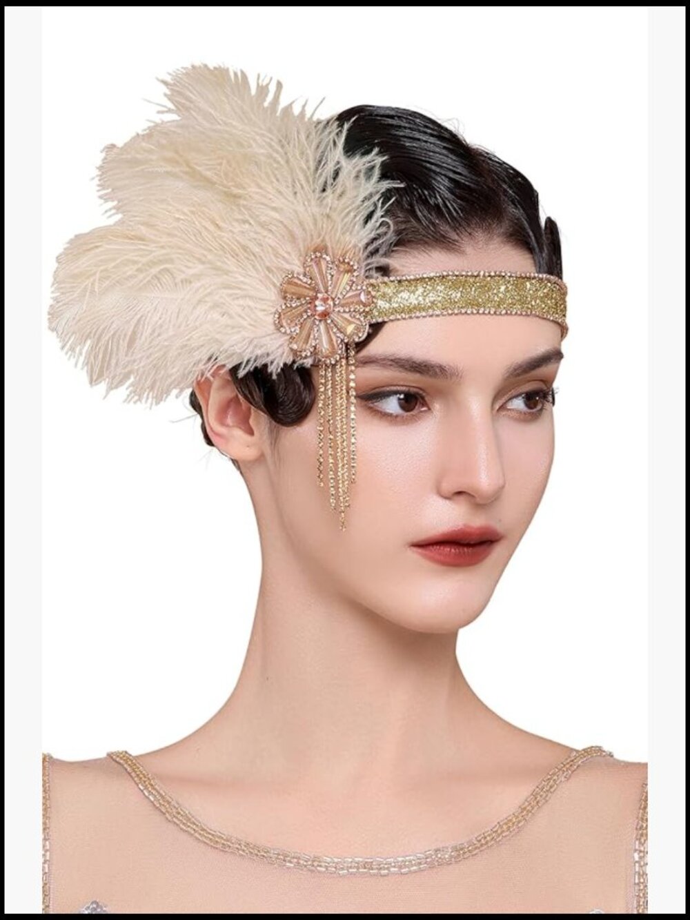 Flapper Feather Headband 1920s Gatsby Headpiece Crystal Rhinestones Soft